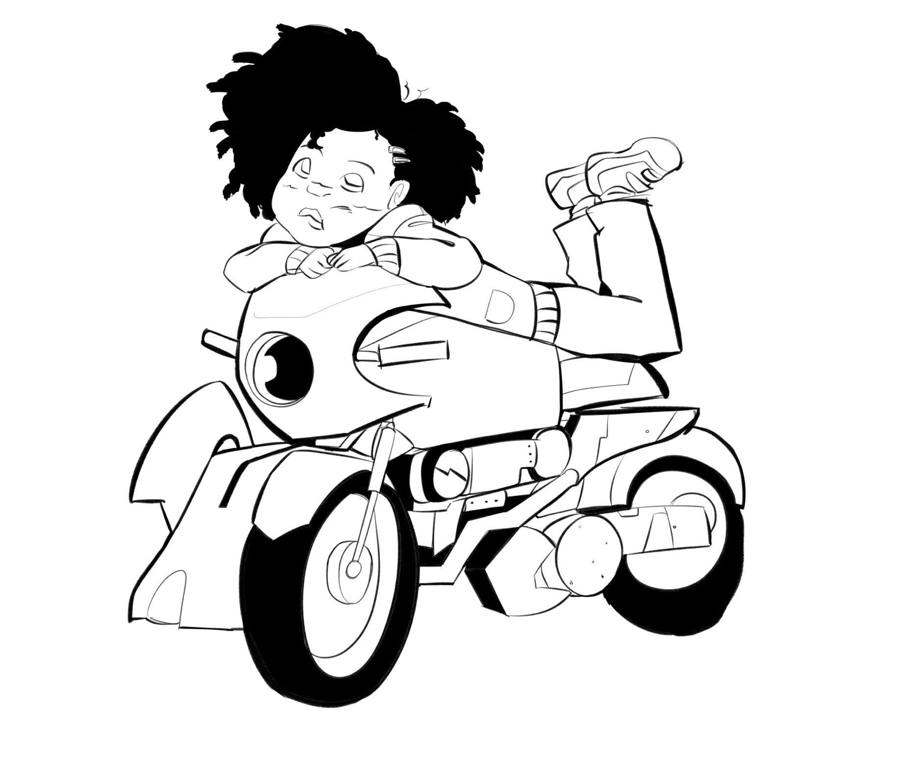 [ID: Black and white drawing of Mo and Thrash from transformers earthspark. Mo is laying on her stomach on top of Thrash's motorcycle mode /ID]